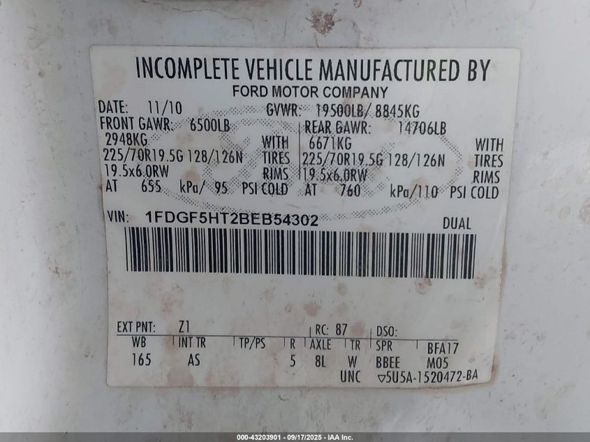 2011 Ford F-550 Chassis Xl VIN: 1FDGF5HT2BEB54302 Lot: 43203901