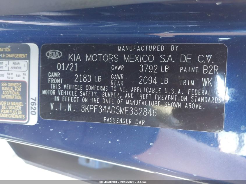 2021 Kia Forte Gt-Line VIN: 3KPF34AD5ME332846 Lot: 43203904