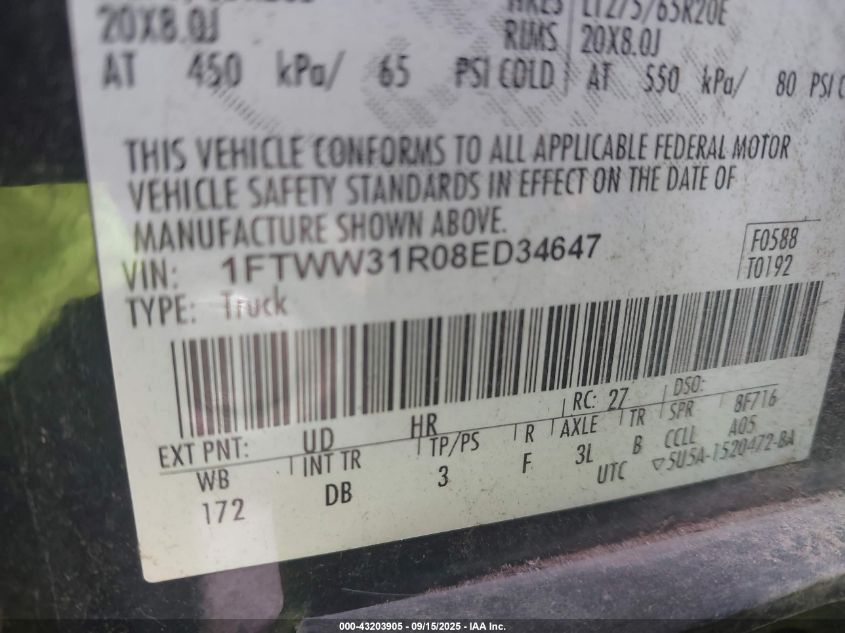 2008 Ford F-350 Lariat VIN: 1FTWW31R08ED34647 Lot: 43203905