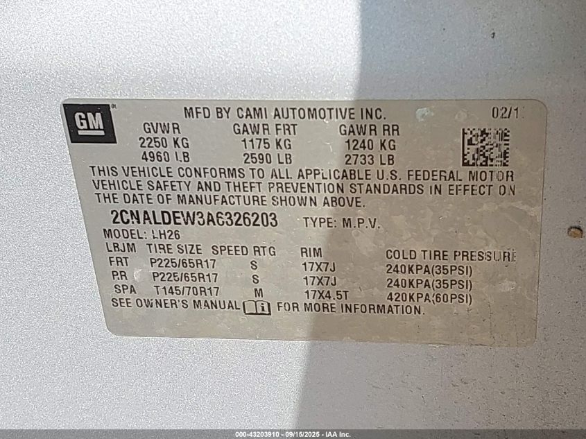 2010 Chevrolet Equinox Lt VIN: 2CNALDEW3A6326203 Lot: 43203910