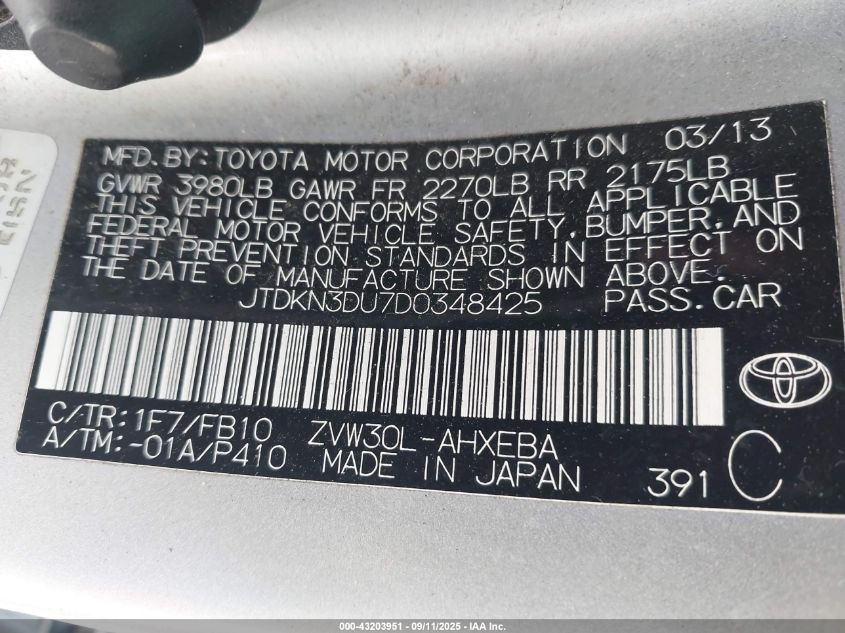 2013 Toyota Prius Two VIN: JTDKN3DU7D0348425 Lot: 43203951