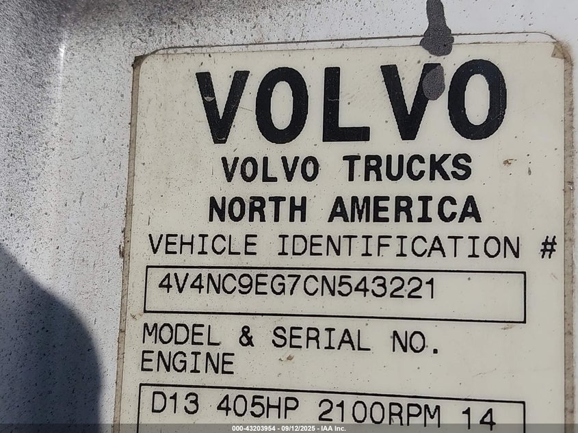 2012 Volvo Vn Vnl VIN: 4V4NC9EG7CN543221 Lot: 43203954