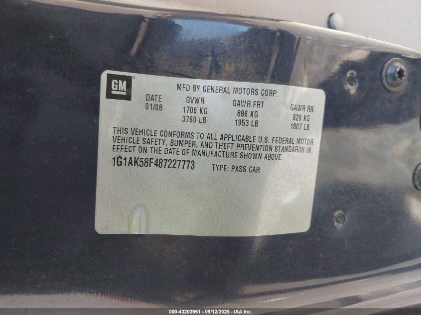 2008 Chevrolet Cobalt Ls VIN: 1G1AK58F487227773 Lot: 43203961