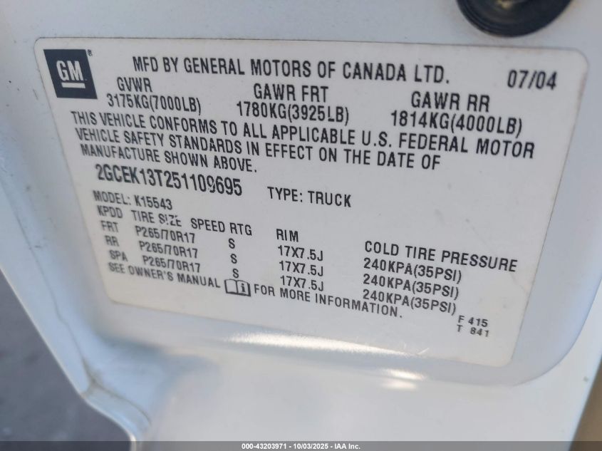 2005 Chevrolet Silverado 1500 Z71 VIN: 2GCEK13T251109695 Lot: 43203971