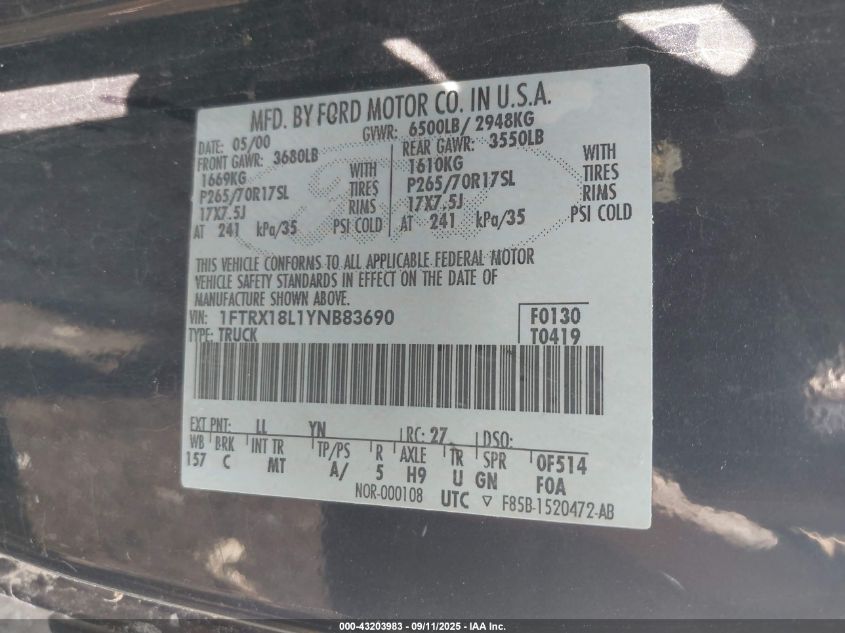 2000 Ford F-150 Lariat/Work Series/Xl/Xlt VIN: 1FTRX18L1YNB83690 Lot: 43203983