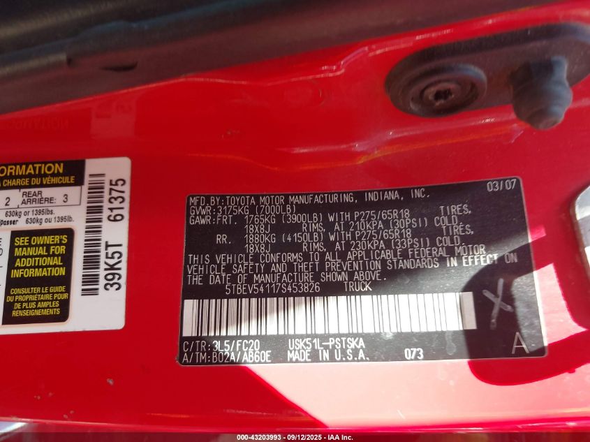 2007 Toyota Tundra Sr5 5.7L V8 VIN: 5TBEV54117S453826 Lot: 43203993