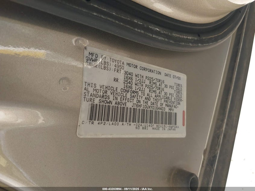 2000 Lexus Rx 300 VIN: JT6HF10UXY0164403 Lot: 43203994