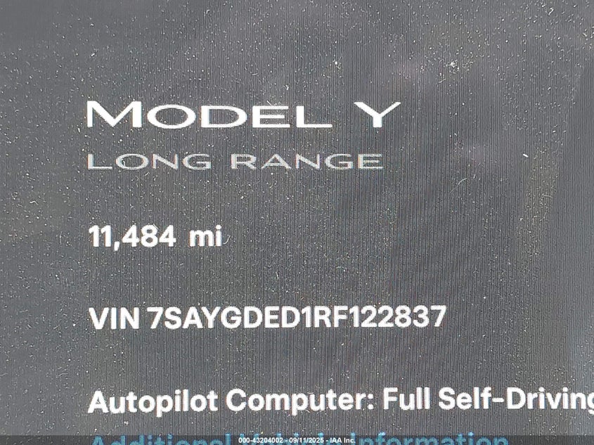 2024 Tesla Model Y Long Range Dual Motor All-Wheel Drive/Rwd VIN: 7SAYGDED1RF122837 Lot: 43204002