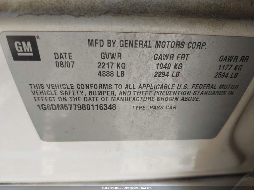 2008 Cadillac Cts Standard VIN: 1G6DM577980116348 Lot: 43204005