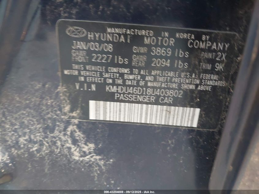 2008 Hyundai Elantra Gls/Se/Limited VIN: KMHDU46D18U403802 Lot: 43204008