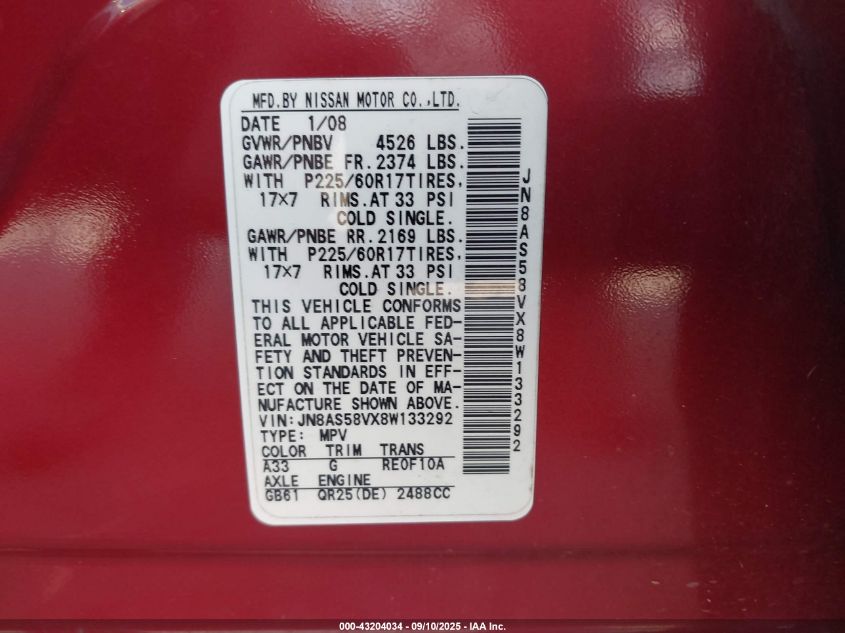 2008 Nissan Rogue Sl VIN: JN8AS58VX8W133292 Lot: 43204034