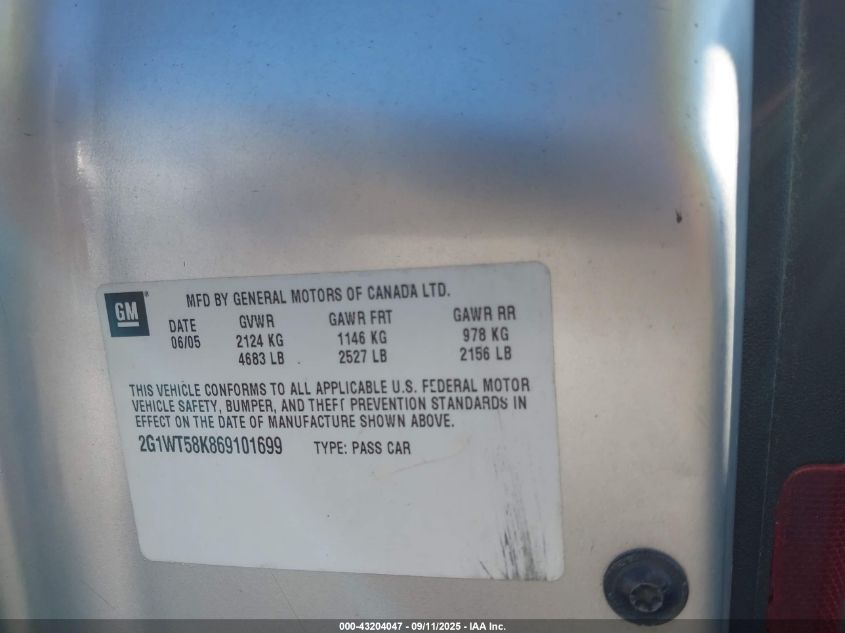 2006 Chevrolet Impala Lt VIN: 2G1WT58K869101699 Lot: 43204047