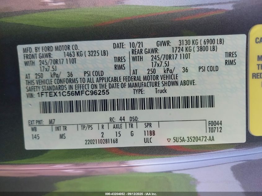 2021 Ford F-150 Xlt VIN: 1FTEX1C56MFC96255 Lot: 43204052
