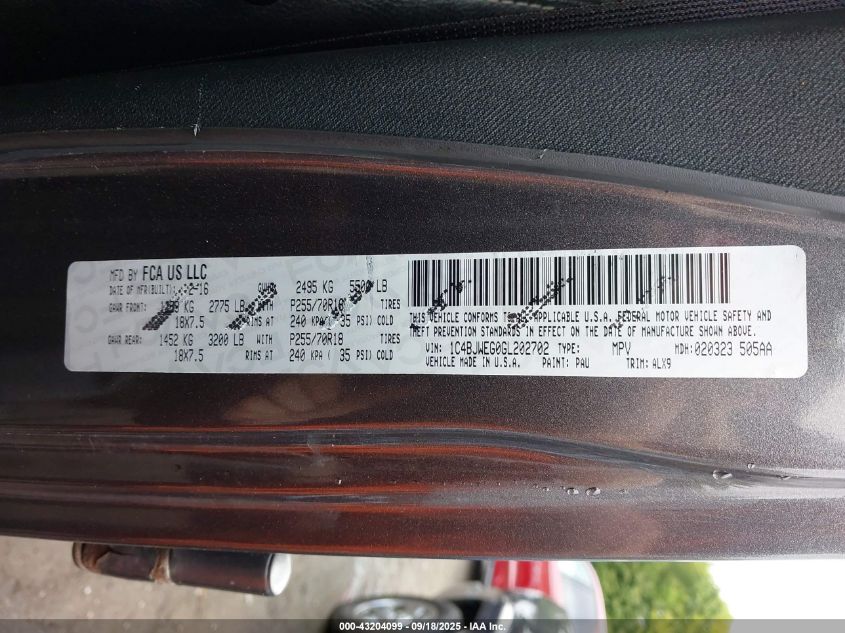 2016 Jeep Wrangler Unlimited Sahara VIN: 1C4BJWEG0GL202702 Lot: 43204099