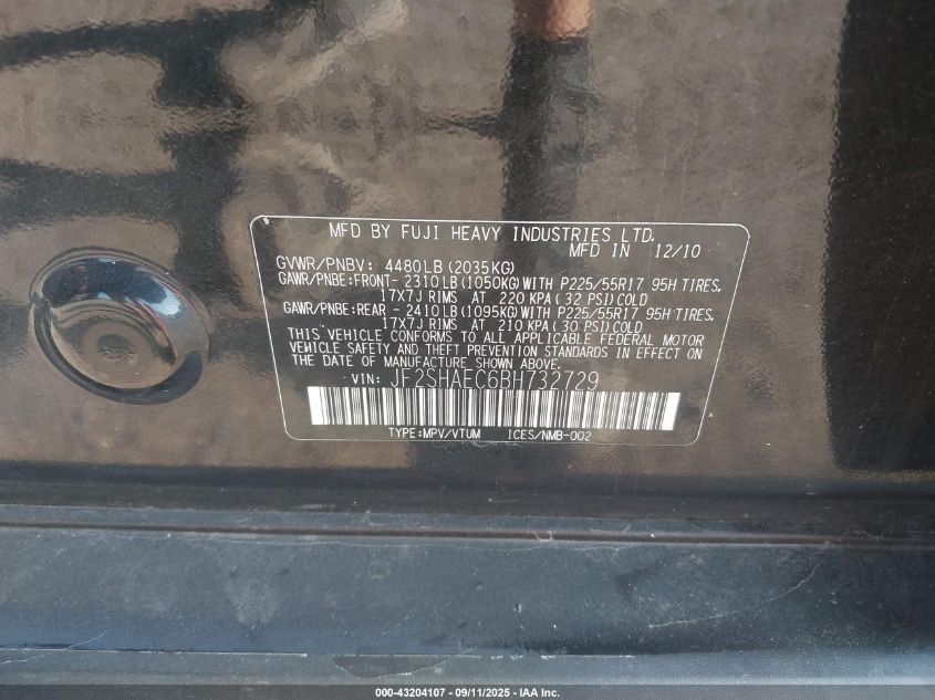 2011 Subaru Forester 2.5X Limited VIN: JF2SHAEC6BH732729 Lot: 43204107