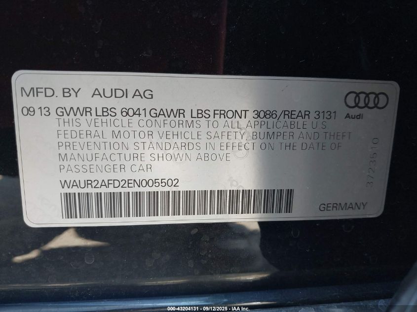 2014 Audi A8 L 4.0T VIN: WAUR2AFD2EN005502 Lot: 43204131