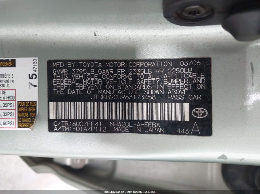2006 Toyota Prius VIN: JTDKB20U963173458 Lot: 43204132
