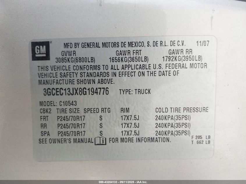 2008 Chevrolet Silverado 1500 Lt1 VIN: 3GCEC13JX8G194776 Lot: 43204133