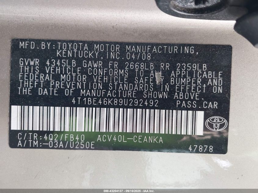 2009 Toyota Camry Le VIN: 4T1BE46K89U292492 Lot: 43204137
