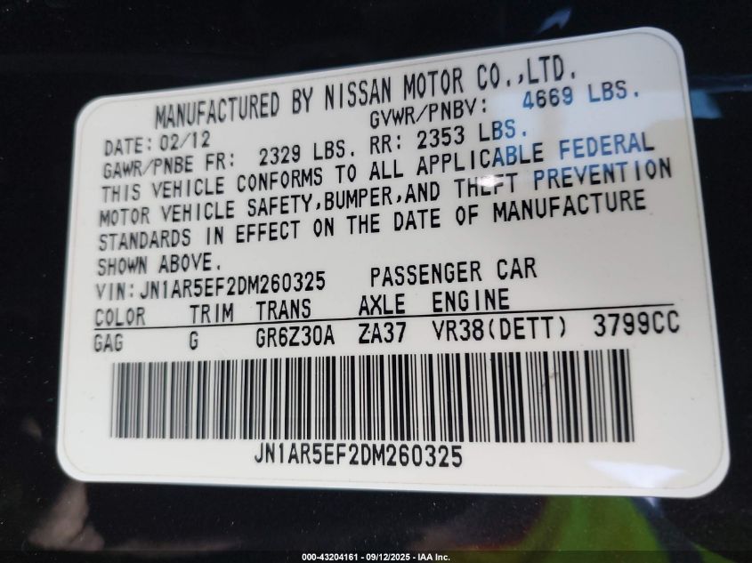 2013 Nissan Gt-R Black Edition VIN: JN1AR5EF2DM260325 Lot: 43204161