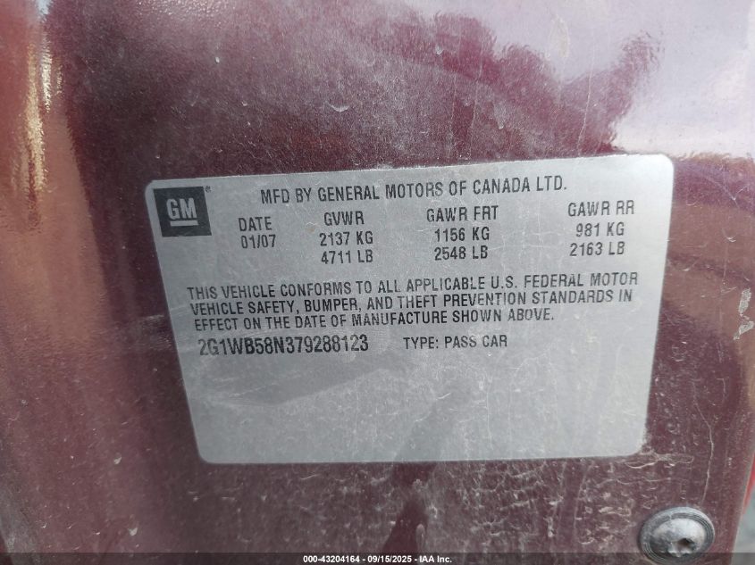 2007 Chevrolet Impala Ls VIN: 2G1WB58N379288123 Lot: 43204164
