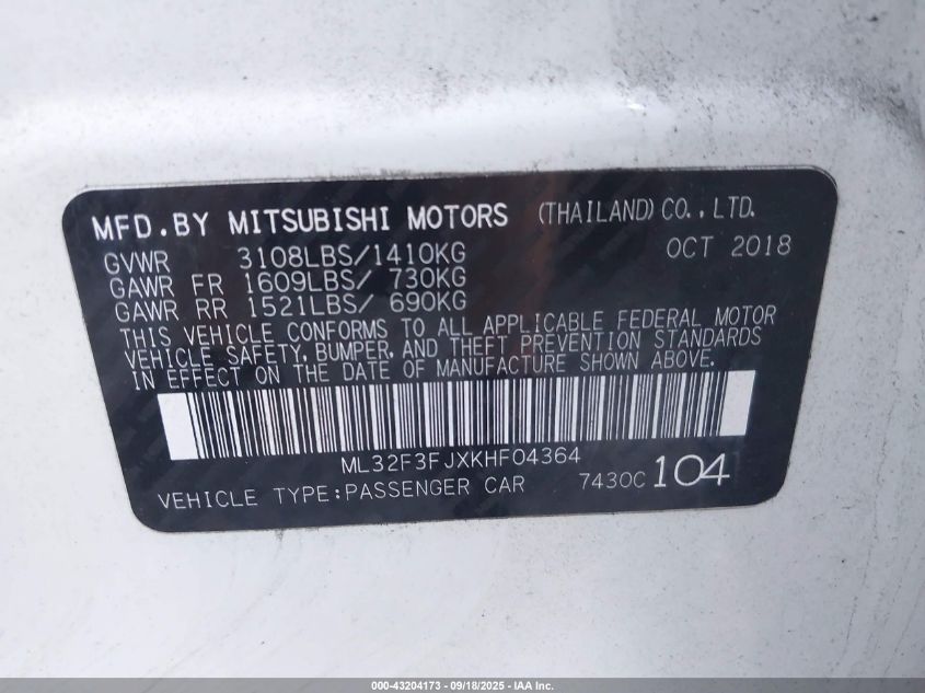 2019 Mitsubishi Mirage G4 Es VIN: ML32F3FJXKHF04364 Lot: 43204173