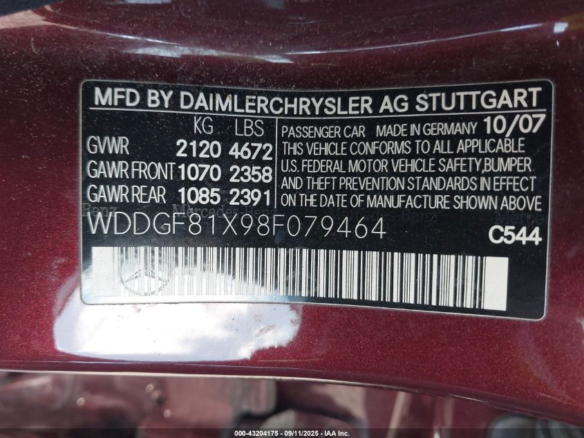 2008 Mercedes-Benz C 300 Luxury 4Matic VIN: WDDGF81X98F079464 Lot: 43204175