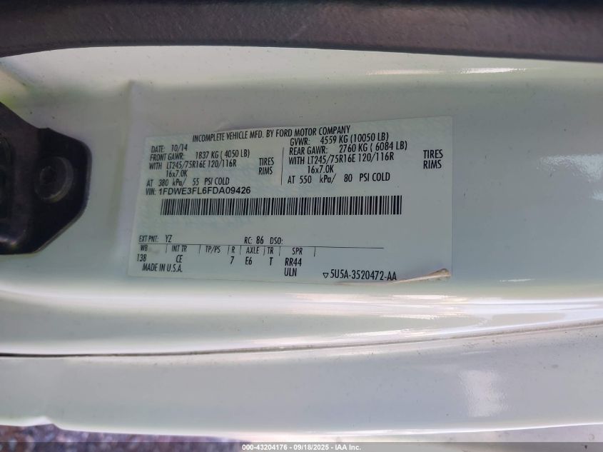 2015 Ford E-350 Cutaway VIN: 1FDWE3FL6FDA09426 Lot: 43204176