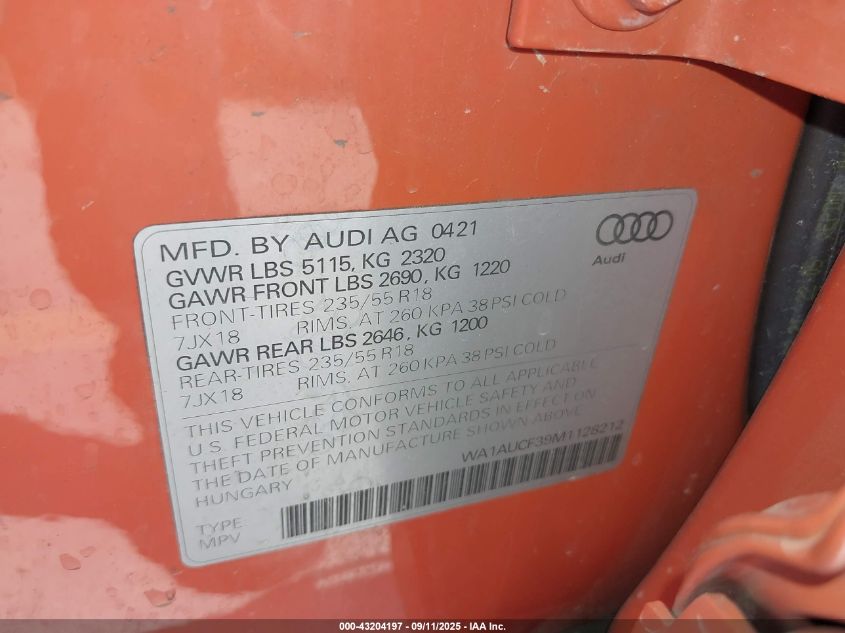 2021 Audi Q3 Premium 40 Tfsi Quattro Tiptronic VIN: WA1AUCF39M1128212 Lot: 43204197