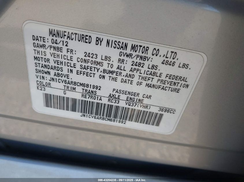 2012 Infiniti G37X VIN: JN1CV6AR8CM681992 Lot: 43204235