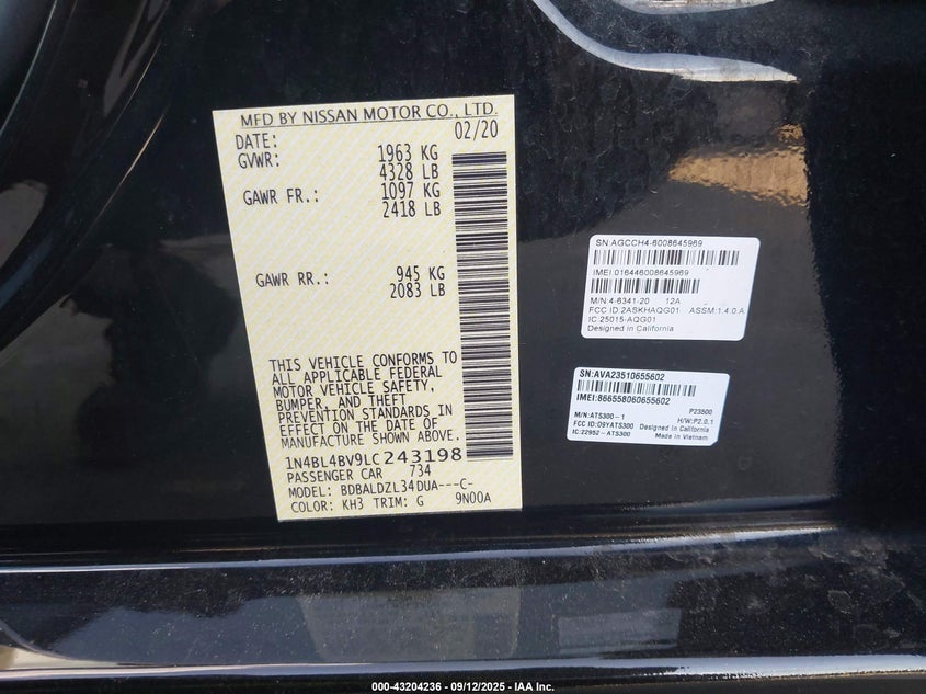 2020 NISSAN ALTIMA S FWD - 1N4BL4BV9LC243198