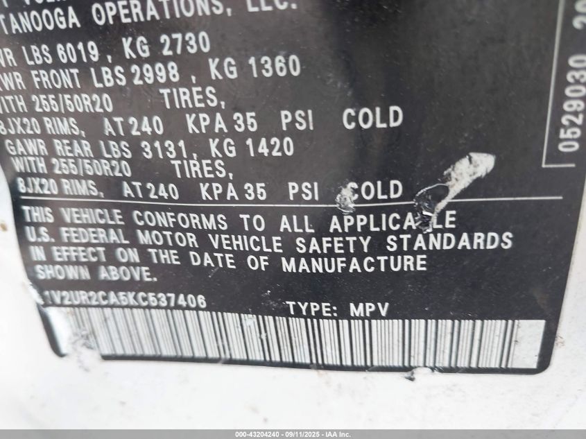 2019 Volkswagen Atlas 3.6L V6 Se W/Technology VIN: 1V2UR2CA5KC537406 Lot: 43204240