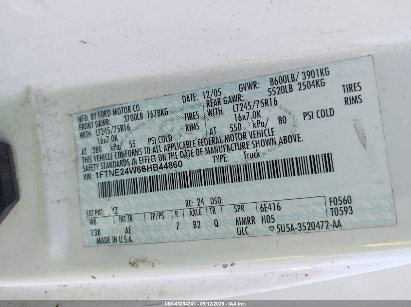 2006 Ford E-250 Commercial/Recreational VIN: 1FTNE24W66HB44860 Lot: 43204241