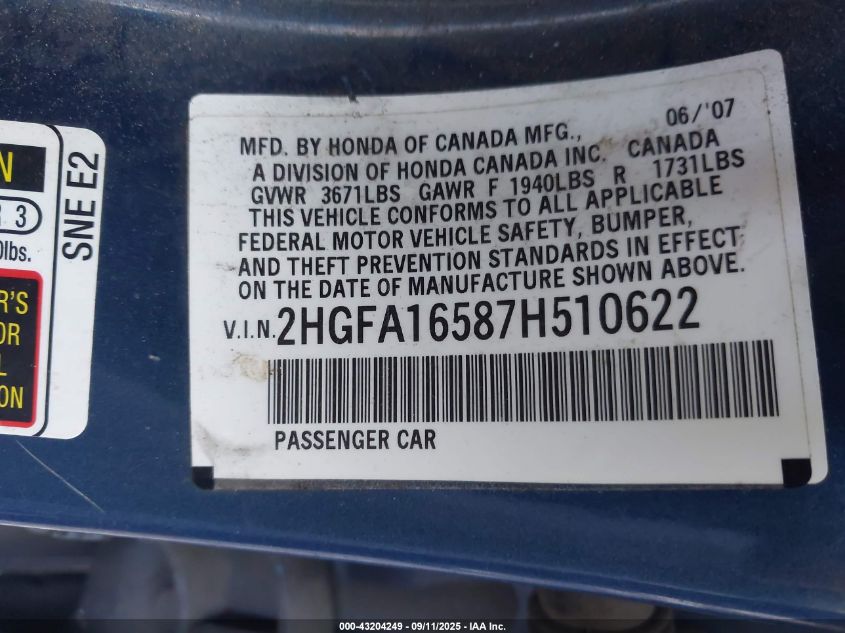 2007 Honda Civic Lx VIN: 2HGFA16587H510622 Lot: 43204249