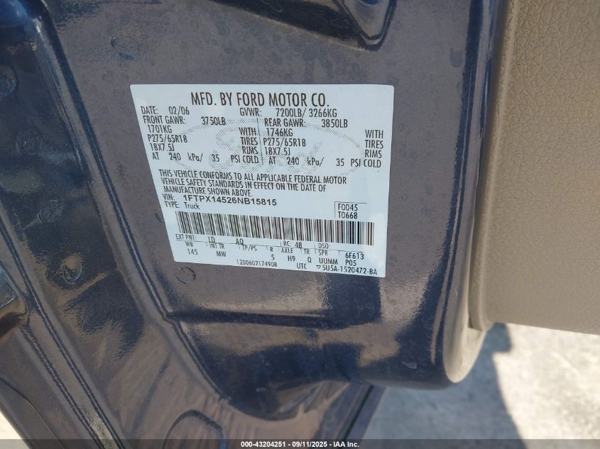 2006 Ford F-150 Fx4/Lariat/Xl/Xlt VIN: 1FTPX14526NB15815 Lot: 43204251