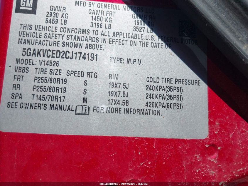 2012 Buick Enclave Leather VIN: 5GAKVCED2CJ174191 Lot: 43204262