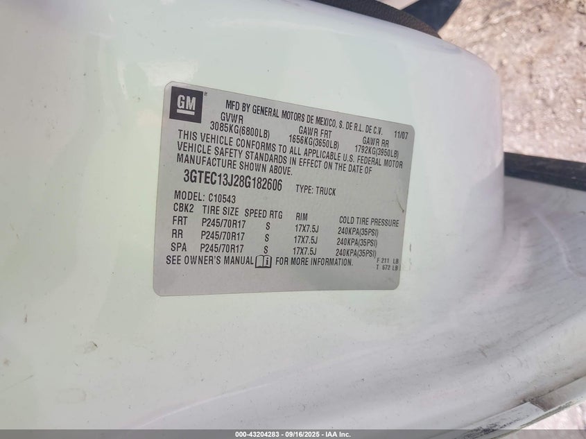 2008 GMC Sierra 1500 Sle1 VIN: 3GTEC13J28G182606 Lot: 43204283