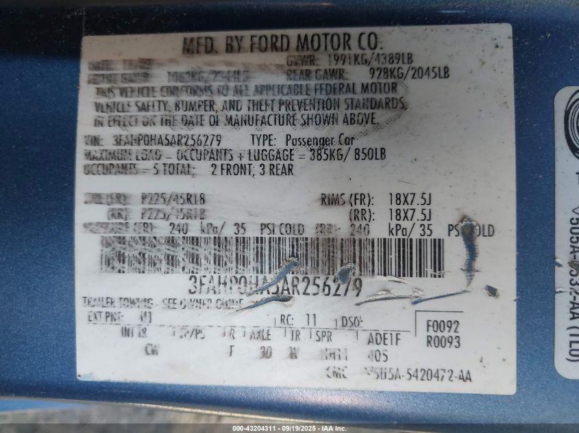 2010 Ford Fusion Se VIN: 3FAHP0HA5AR256279 Lot: 43204311