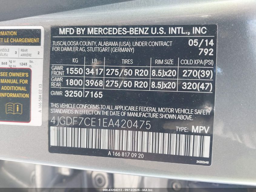 2014 Mercedes-Benz Gl 450 4Matic VIN: 4JGDF7CE1EA420475 Lot: 43204313