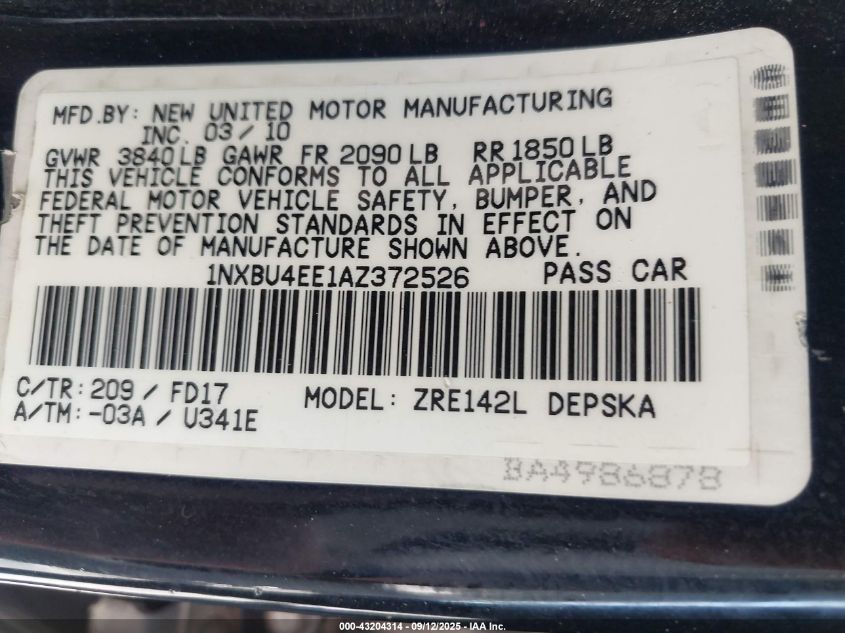 2010 Toyota Corolla S VIN: 1NXBU4EE1AZ372526 Lot: 43204314