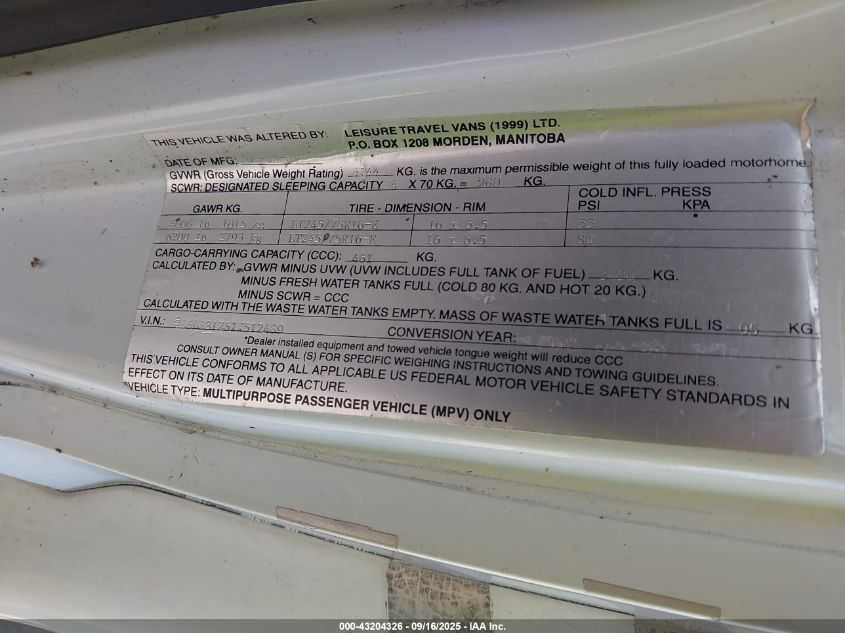 2001 Dodge Ram Van 3500 Commercial/Commercial Non-Maxi VIN: 2B6LB31Z51K512489 Lot: 43204326