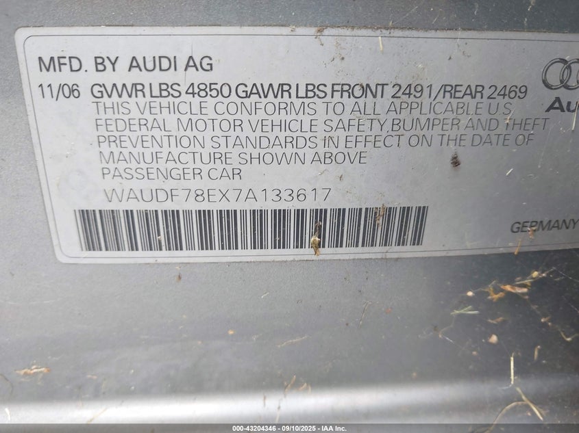 2007 Audi A4 2.0T VIN: WAUDF78EX7A133617 Lot: 43204346
