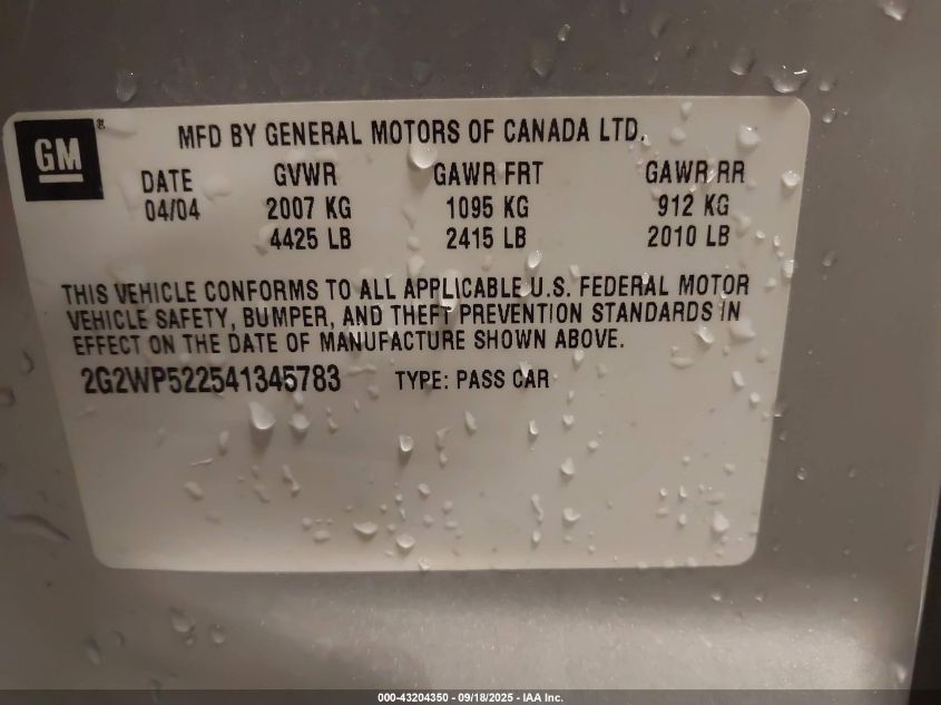 2004 Pontiac Grand Prix Gt1 VIN: 2G2WP522541345783 Lot: 43204350