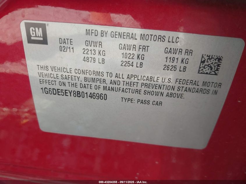 2011 Cadillac Cts Luxury VIN: 1G6DE5EY8B0146960 Lot: 43204355