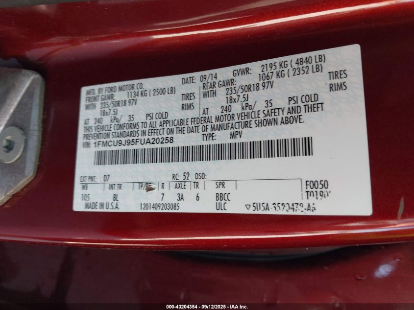 2015 Ford Escape Titanium VIN: 1FMCU9J95FUA20258 Lot: 43204354