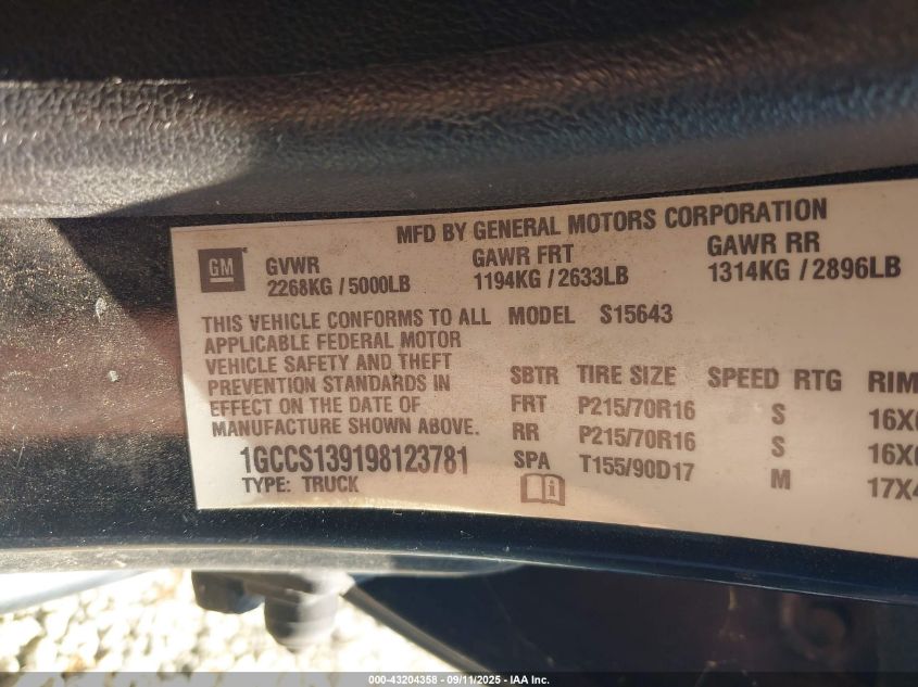 2009 Chevrolet Colorado Lt VIN: 1GCCS139198123781 Lot: 43204358