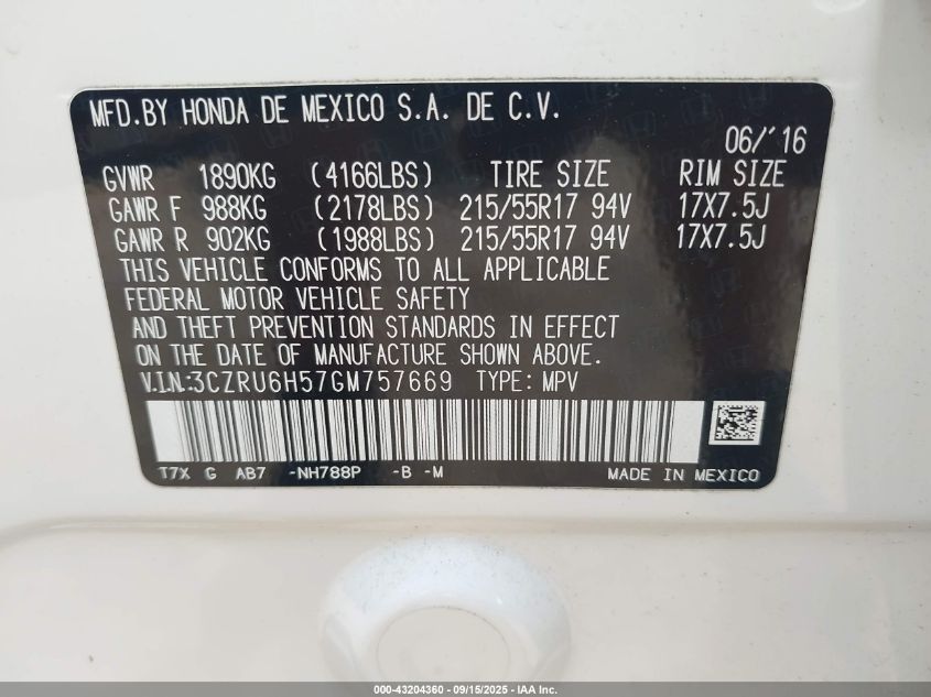 2016 Honda Hr-V Ex VIN: 3CZRU6H57GM757669 Lot: 43204360