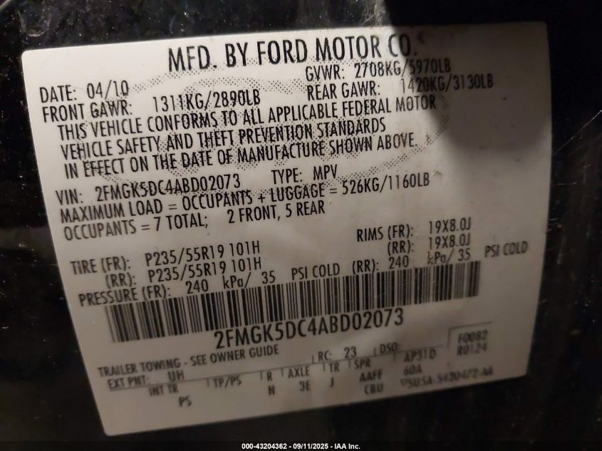 2010 Ford Flex Limited VIN: 2FMGK5DC4ABD02073 Lot: 43204362