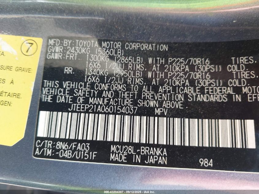 2006 Toyota Highlander V6 VIN: JTEEP21A060154037 Lot: 43204387