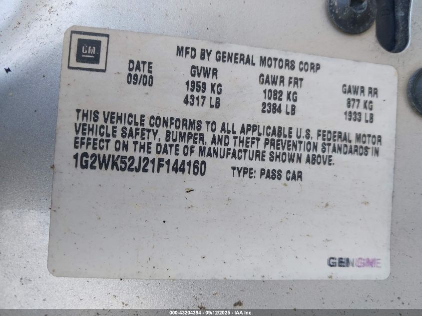 2001 Pontiac Grand Prix Se VIN: 1G2WK52J21F144160 Lot: 43204394